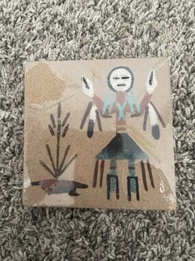 Vintage Native American Navajo Sand Art 4” Tile Artist Signed
